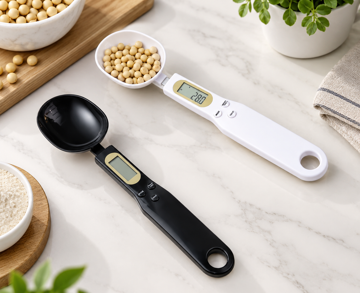 Gravely digital spoon scale, black and white, with soy beans and flour